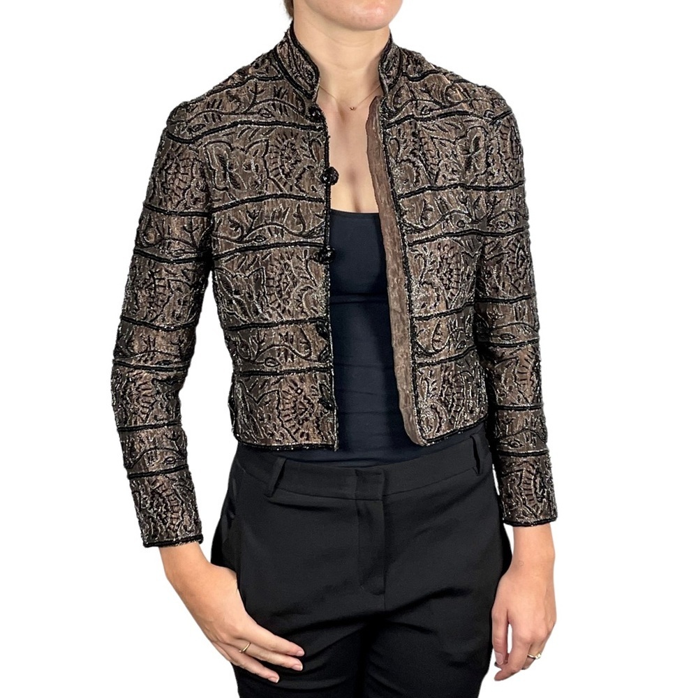 ADRIANNA PAPELL VINTAGE BROWN TAFFETA BEAD EMBELLISHED EVENING HOLIDAY JACKE